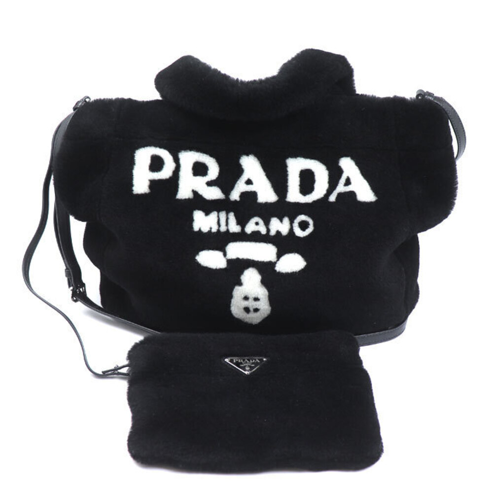 PRADA Shearling Fur Logo Tote Bag Black White